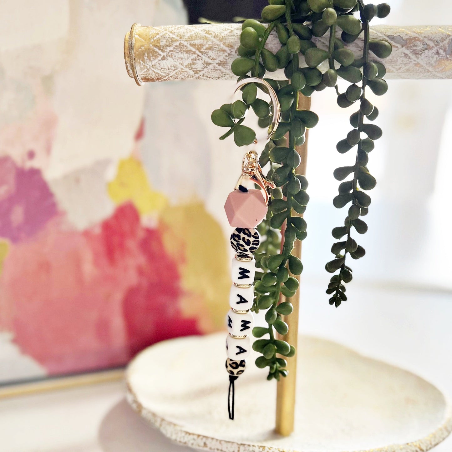 MAMA Silicone Beaded Keychain | Pink and Leopard