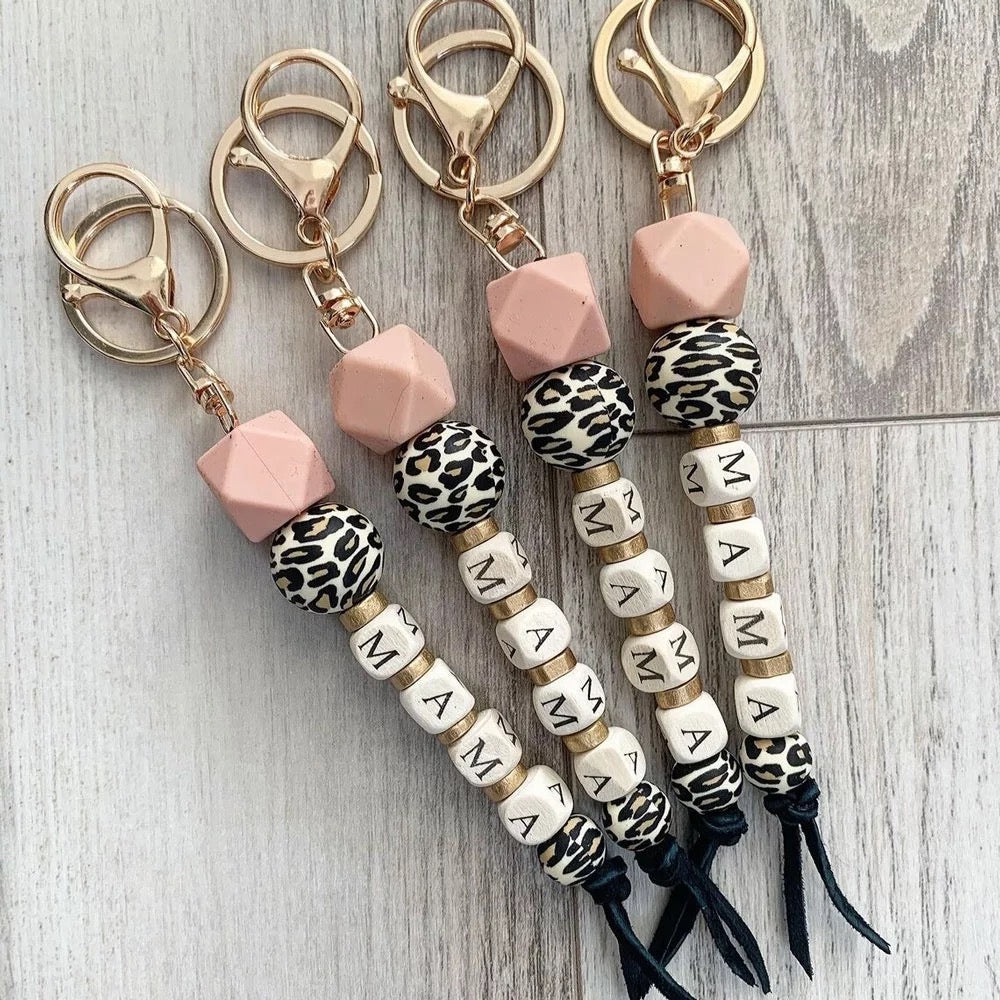 MAMA Silicone Beaded Keychain | Pink and Leopard