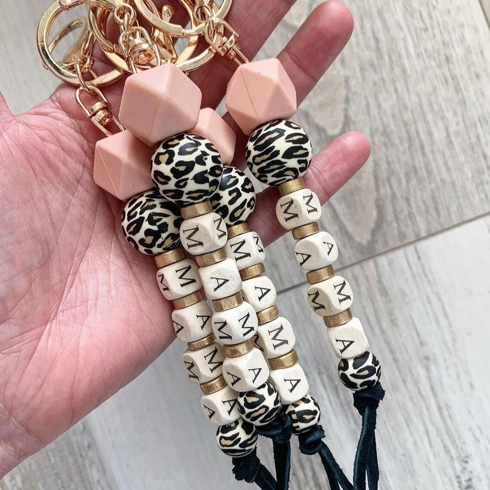 MAMA Silicone Beaded Keychain | Pink and Leopard