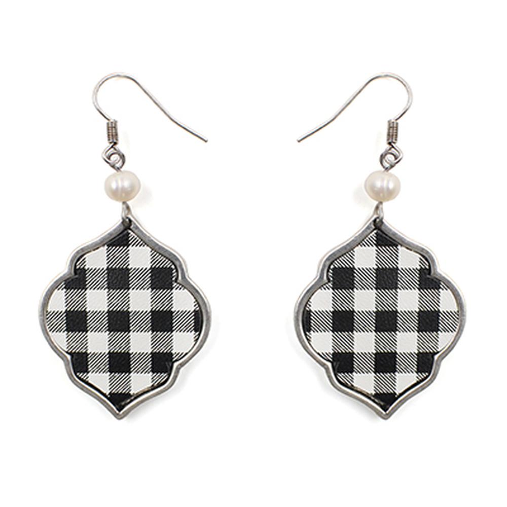 Black & White Buffalo Plaid Silver Earrings