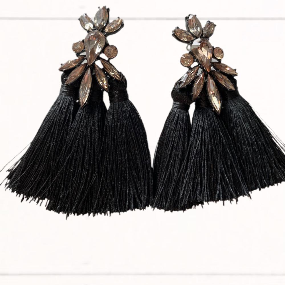 Black Rhinstone Fringe Earrings