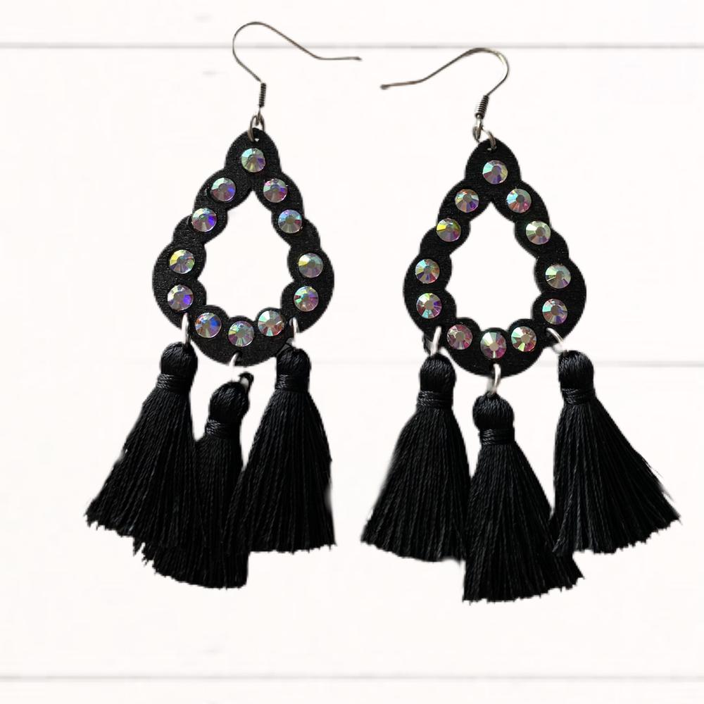 Black & Rhinestone Fringe Earrings