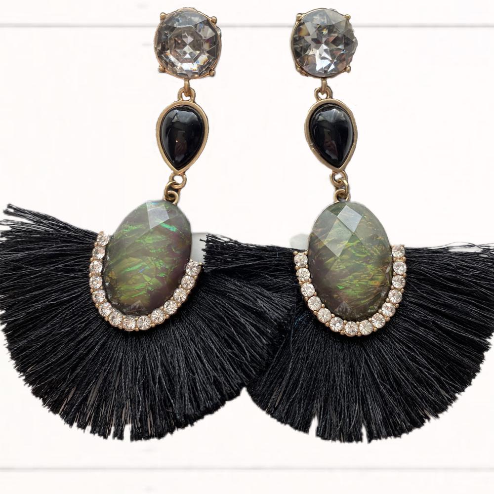 Black & Gold Gem Drop Rhinestone Fringe Earrings